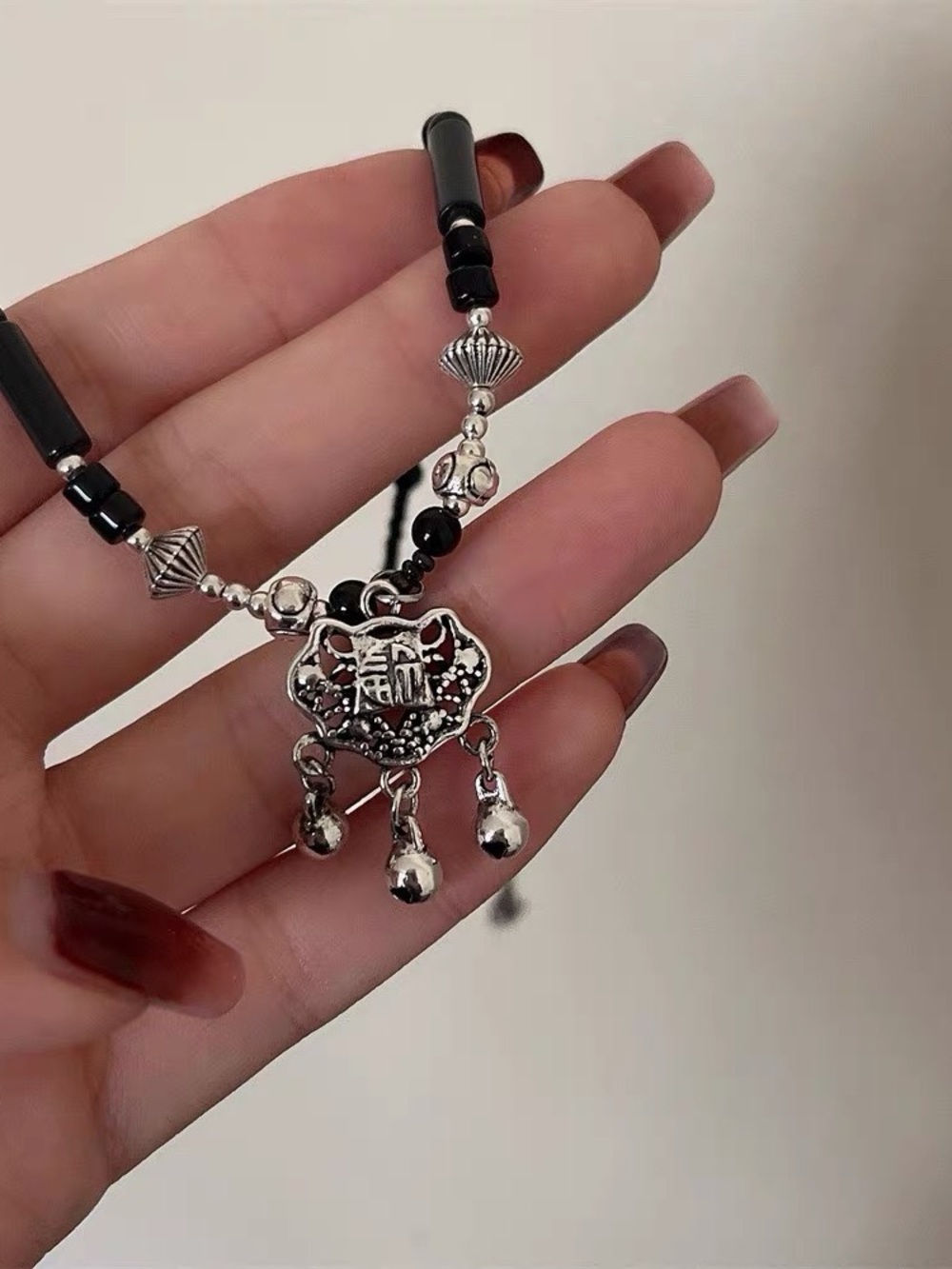 Silver Charm Pendant Necklace with Black Beads